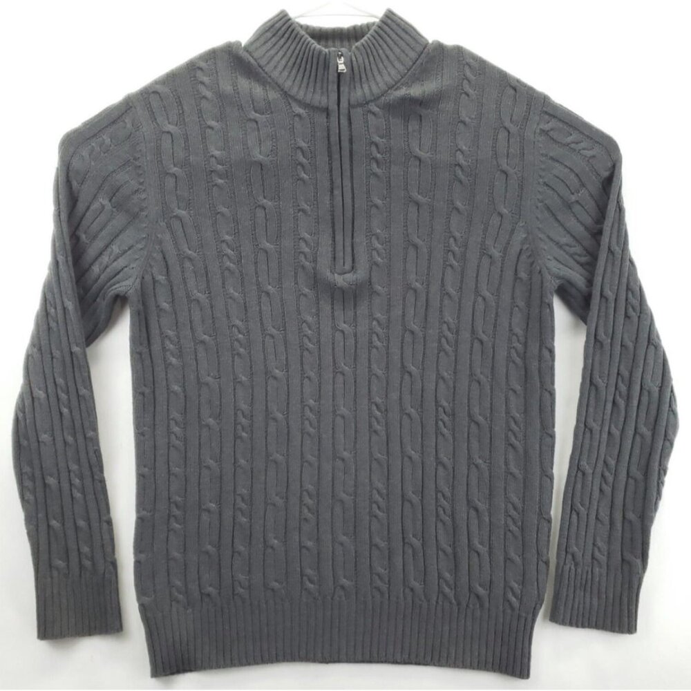 IZOD Sweater Mens Medium Gray Cable Knit Cotton Mock Neck 1/4 Zip Pullover